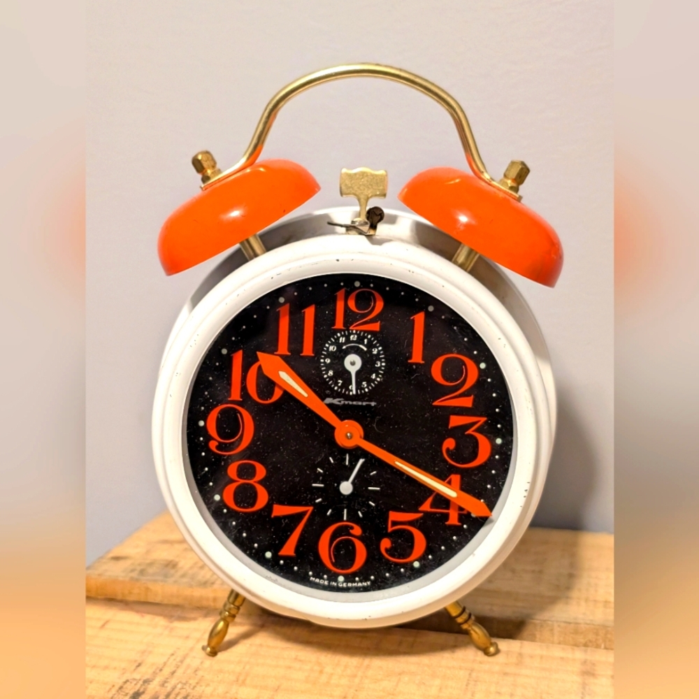 Cute Vintage Mid Century Orange And White Kmart Alarm Clock Made In Germany